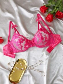 SHEIN Charming, Sexy, And Elegant Embroidered Longline Underwire Cross-Back Bra, Magenta Lingerie - Hot Pink - View 6