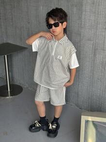 SHEIN Leap Crew Tween Boy Casual Half-Zip Vest & Shorts Set - Black - View 4