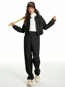 2pcs/Set Teenager Girls' Front Button Long Sleeve Pocket Casual Top And Pants