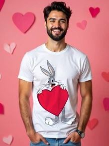 LOONEY TUNES X SHEIN 男士休闲卡通兔子印花圆领短袖情人节T恤，夏季