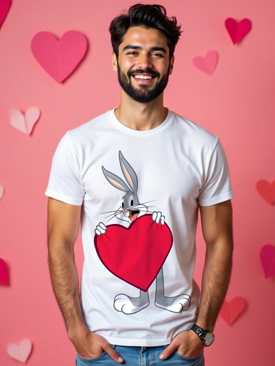 LOONEY TUNES X SHEIN 男士休闲卡通兔子印花圆领短袖情人节T恤，夏季