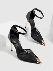 CUCCOO SZL Women Sexy Fashion Pointed Toe Metal Buckle Black Breathable Mesh Strap Buckle Ladies Thin High Heel Hollow Out Pumps Spring Shoes Spring Break Easter For Christmas - Black - View 3