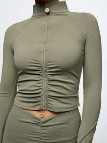 SUMWON WOMEN Athletic Performance Half-Zip Ruched Training Jacket, Moisture-Wicking Workout Top With Thumb Holes, Gym Running Fitness Activewear - Green - View 5