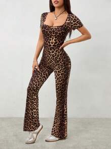 SHEIN PETITE Women's Autumn Leopard Print Square Neck Short Sleeve Flare Fashion Jumpsuit - Brown - View 6