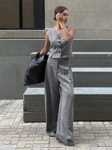 Livesso Conjunto de 2 piezas: Chaleco ajustado sin mangas y pantalones de pierna ancha, Ropa de mujer para otoño - Gris - Ver 6