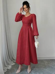 Modelyn Women's Solid Color V-Neck Long Sleeve Casual Long Dress