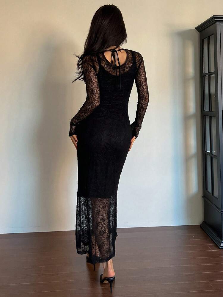 Sleeveless Fitted Lace Long Dress, Elegant Summer Women's Dress,Fall Clothes Long Sleeve Dress Maxi Dress