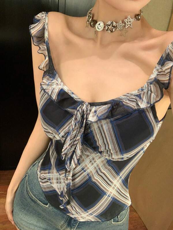 DAZY Plaid Lace-Up Fitted Cropped Sexy Mesh Summer Tank Top For Women,Ruffle