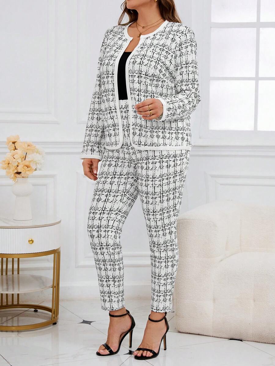 SHEIN Clasi 2pcs/Set Plus Size Women Business Plaid Print Front Cardigan Jacket And Pants - White - View 1