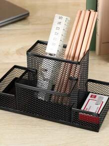 1 Pack Desk Organizer Desktop Mesh Pen Pencil Holder Caddy With 4 Compartments, Office Home School Classroom Accessories Cool Supplies Black Back To School