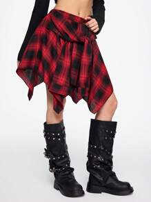 ROMWE Grunge Punk Grunge Vintage Distressed Plaid Lace-Up Asymmetrical Layered Mini Skirt