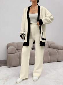 EURMUSE 2pcs/Set Women Contrast Trim Cardigan And Knitted Long Pants Outfit