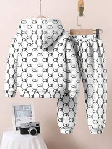 SHEIN COOL BOY, Klassiek, Stijlvol, Luxe, Cool, High-End Baby Boy Casual Losse Comfortabele Gebreide Zachte Capuchon Sweatsuit