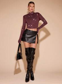 SHEIN BAE Women's Fashion Rhinestone Decor Stand Collar Cropped T-Shirt