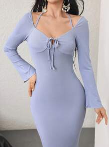 Modelyn 女士系带袖口长袖褶饰鱼尾下摆优雅约会晚礼服 - 淡紫色 - 查看 1