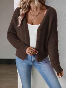 SHEIN LUNE Cardigan court en fausse fourrure marron de couleur unie, style casual pour l'automne et l'hiver