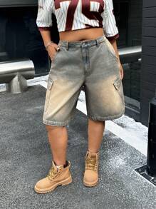 SHEIN EZwear Plus Size Front Button Pocket Simple Denim Shorts, Casual Everyday Wear - Medium Wash - View 5