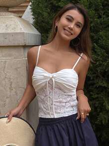 DAZY Vacation Hollow Out Lace Patchwork Drawstring Spaghetti Strap Camisole For Women, Slim Fit - White - View 5