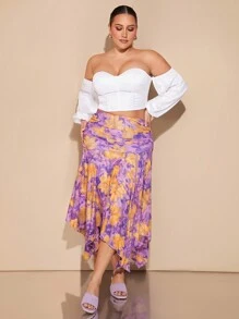 SHEIN BAE Falda maxi con estampado floral asimétrico y abertura para mujer talla grande, para el verano