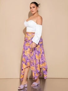 SHEIN BAE Falda maxi con estampado floral asimétrico y abertura para mujer talla grande, para el verano
