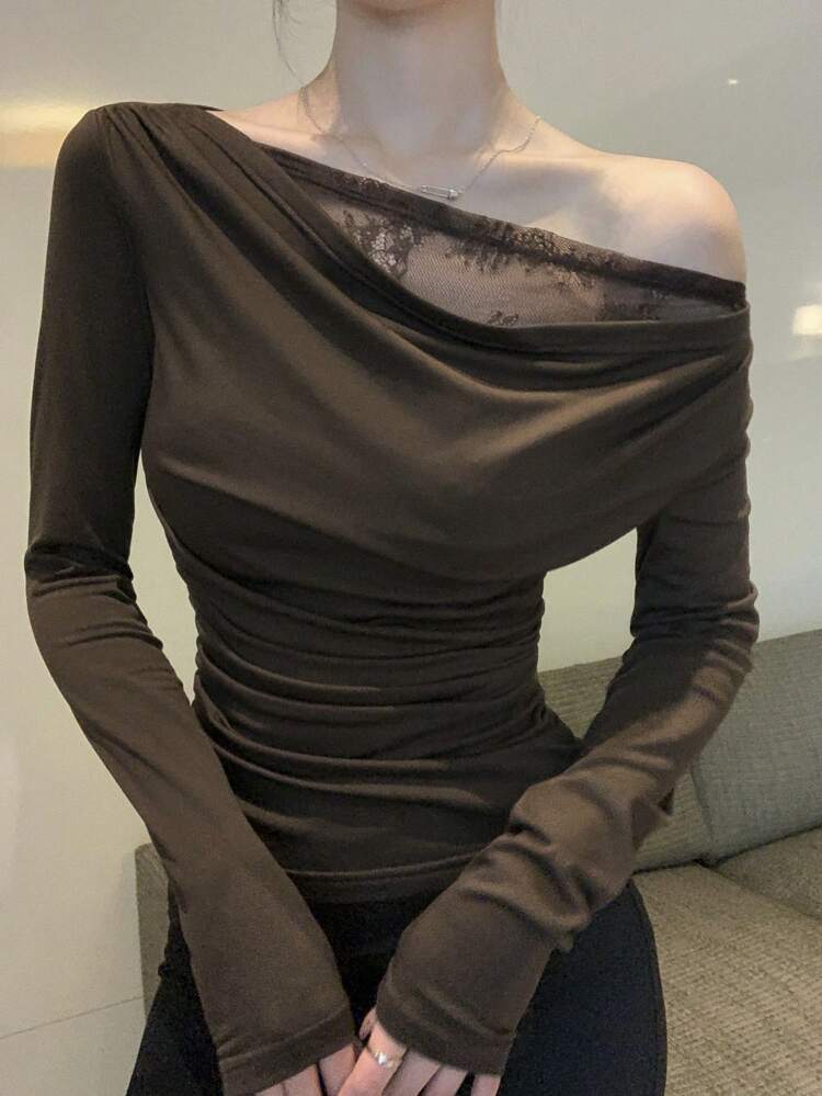 Women's Solid Color Pleated Asymmetrical Casual T-Shirt,Fall Clothes Long Sleeve Women Tops Asymmetrical Shoulder Top Off The Shoulder