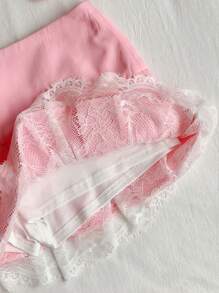 Comfortcana 女士撞色蕾丝蝴蝶结装饰百褶 A 字裙