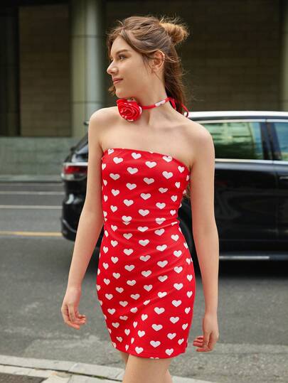 Women's Heart-Shaped 3D Handmade Rose Flower Mini Dress, Elegant Red Sexy Party Dress For Valentine's Day