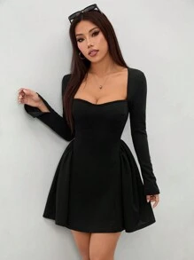 SHEIN PETITE Vestido casual de mujer con cuello cuadrado y cordón a la cintura, adecuado para otoño - Negro - Ver 5