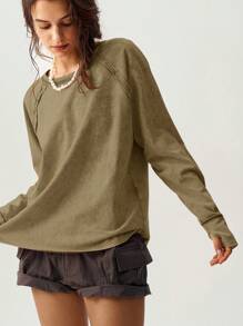 Bohemela Camiseta holgada de mujer de cuello redondo, de manga larga, de punto, de color liso