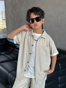 SHEIN Leap Crew 2pcs Tween Boy Casual Solid Color Collared Pocket Short Sleeve Shirt And Elastic Waist Pants Set, Suitable For Autumn, Spring, Summer, For Outdoor Play, School, Street, Party And Leisure - Khaki - View 7