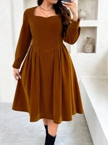 Flirla Einfaches Kleid im französischen Stil, Große Größen, mit quadratischem Ausschnitt, Puffärmeln und taillierter Taille, knielanges Design, für Herbst/Winter