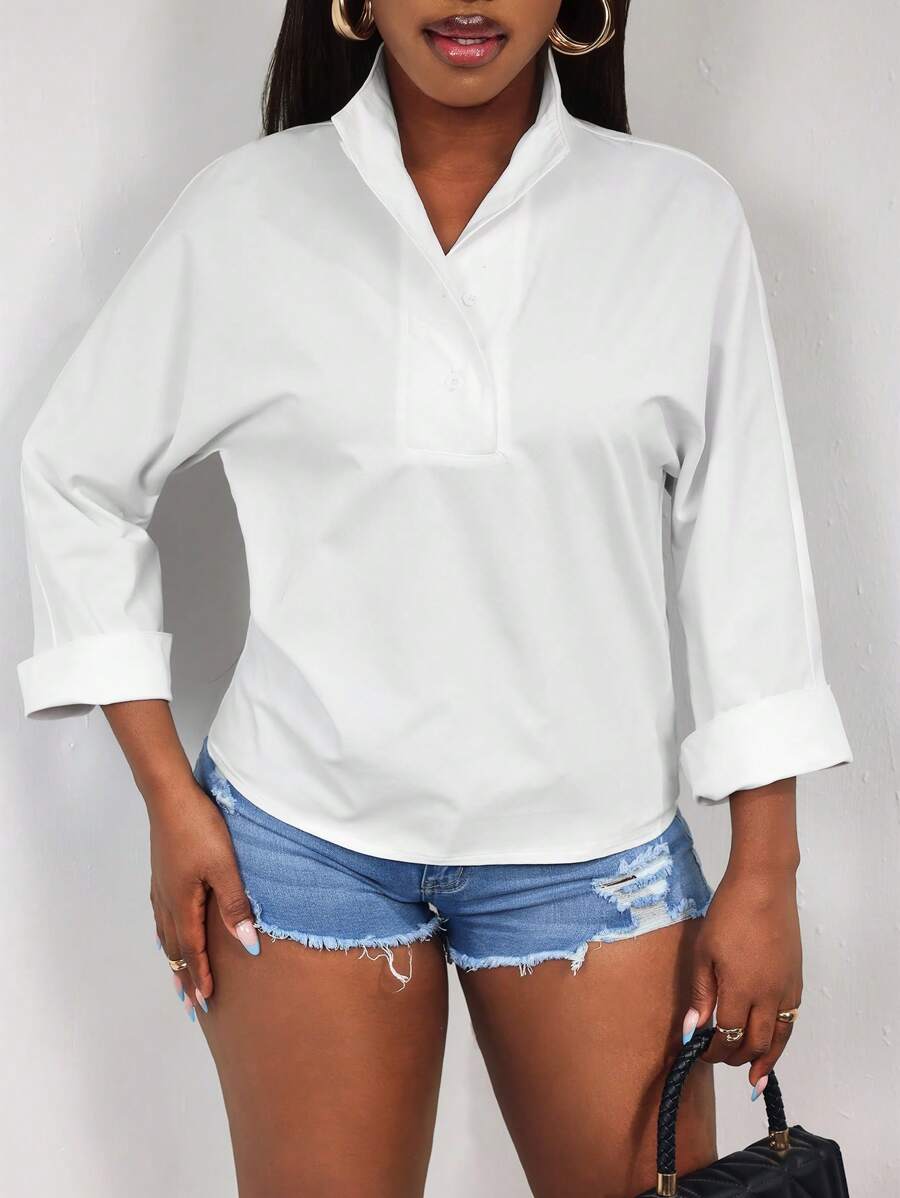 SHEIN Clasi Áo thun cổ đứng trơn màu thường ngày cho nữ - trắng - Xem 1
