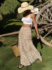 Livesso 女士豹纹荷叶边褶裥半身裙，休闲百搭，适合春夏秋季度假穿着，花卉图案。 - 棕色 - 查看 6