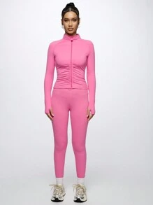 SUMWON WOMEN Premium Performance Half-Zip Sport Jacket Athletic Training Running Workout Top High-Neck Ruched Front Compression Athleisure Fitness Apparel - Hot Pink - View 3