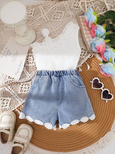 2 件套女婴露肩荷叶边 3D 花卉上衣和牛仔短裤套装