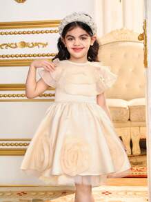 SHEIN Young Girl 2pcs Set: Cute Woven Mesh Organza Shawl & Woven Jacquard Sleveless Elegant Dress Outfit, 3D Rose Flower & Back Big Bow Decor,Spring/Summer Ramandan Style,Suitable For Girls Daily Wear, Festivals