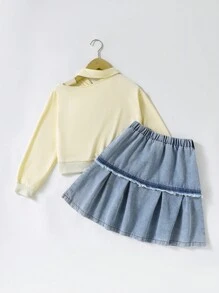 2 件套青少年女孩休闲街头风字母印花镂空长袖 Polo 衫搭配牛仔裙套装，适合春、夏、秋季