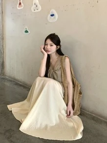 DAZY Bộ 2 món áo không tay xoắn phía trước màu trơn và chân váy cho nữ, dáng rộng thoải mái mùa hè - Màu be - Xem 2