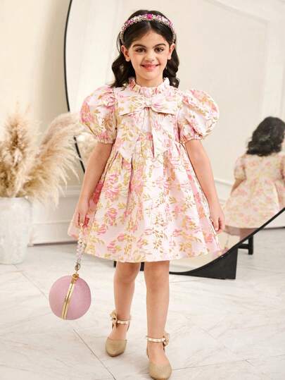 SHEIN 年轻女孩提花泡泡袖紧身休闲连衣裙