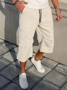 Manfinity Homme 男士休闲纯色抽绳腰工装七分裤 - 卡其色 - 查看 4