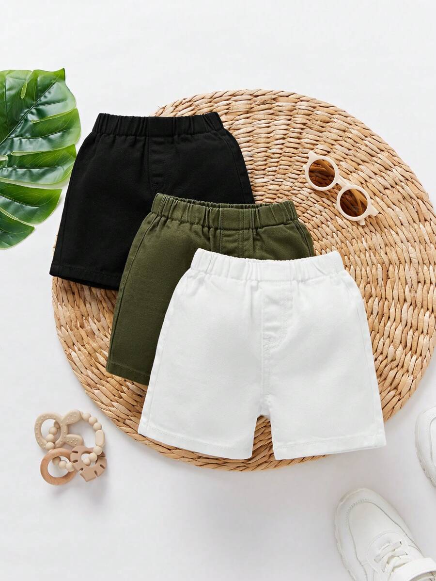 SHEIN 3pcs Baby Boy Fashion Casual Thin Material Comfortable Spring Summer White Green And Black Wash Soft Casual Stylish Denim Shorts For Boys Soft Dailywear And The Four Seasonsr Kids Clothes - Multicolor - View 1