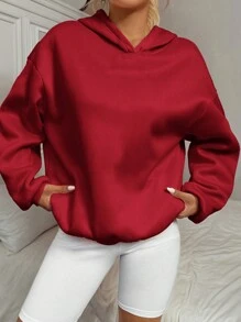 SHEIN EZwear Casual Minimalist Car Graphic Print Oversized Hoodie, Thick And Loose Fit For Women, Suitable For Autumn/Winter Back To School Fall And Winter Clothing - Red - View 2