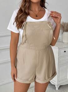 SHEIN LUNE Plus Size Women's Front Tie Pocket Loose Casual Bib Overall Shorts, Spring/Summer