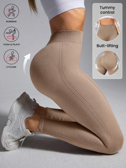 Gameset SHEIN Sport Mallas sin costuras de talle alto para mujer - Mallas que controlan el abdomen y levantan el trasero para correr, ciclismo, yoga, pickleball, ejercicio y uso casual, color caqui