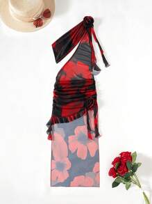 SHEIN Swim Springbreak 女式随机花卉印花不对称荷叶边镂空不对称领口沙滩罩衫 - 彩色 - 查看 3
