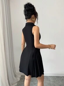 Elenzga 女式夏季休闲 V 领褶皱腰无袖黑色迷你连衣裙 - 黑色 - 查看 2