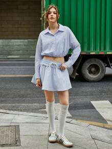 Jouncy 女士情人节休闲蓝色条纹翻领长袖衬衫和迷你裙两件套，春夏 - 彩色 - 查看 4