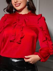 SHEIN Clasi Elegante rote Bluse mit Rüschenverzierung in Große Größen für Damen, Herbst/Winter