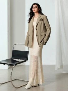 EastFlair Women Solid Color Lapel Collar Long Sleeve Floral Decor Suit Jacket, Autumn - Khaki - View 3