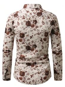 Manfinity Homme 男士花卉印花长袖单排扣休闲衬衫，适合秋季 - 卡其色 - 查看 2